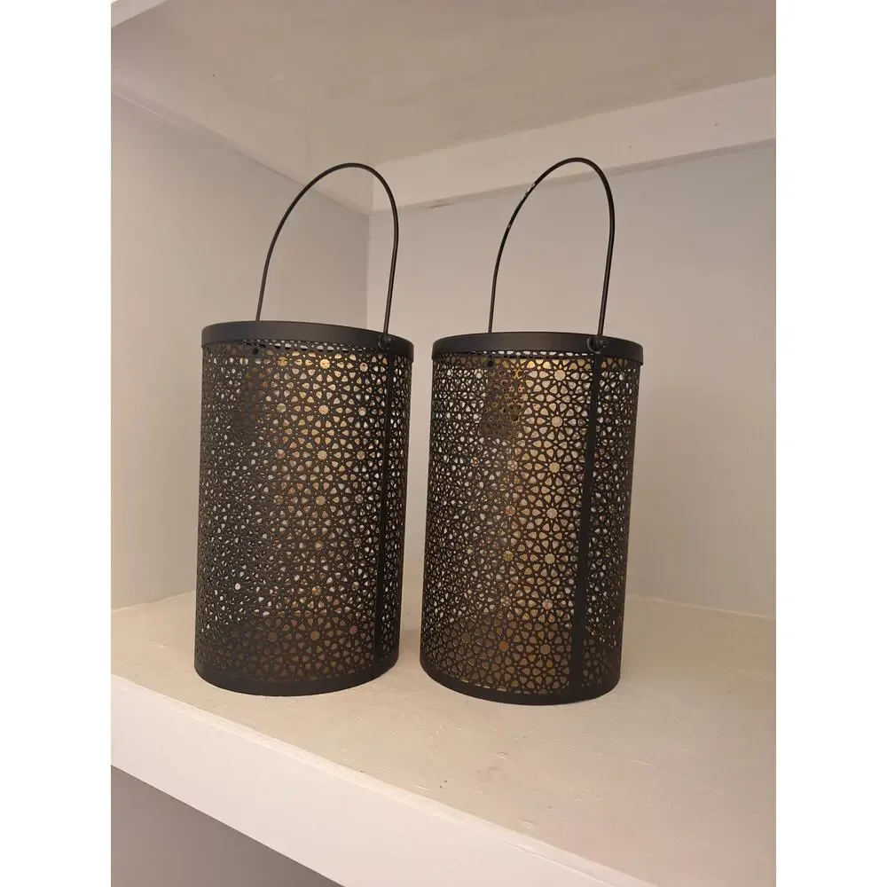 Vintage-Inspired Indian Black Metal Filigree Candle Lanterns Pair 10